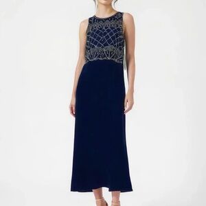 Used Navy Blue Beaded Embellished Evening Gown – Sleeveless Formal Dress